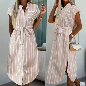 Apricot Casual Women's French-Style Striped Color-Block Shirt Dress